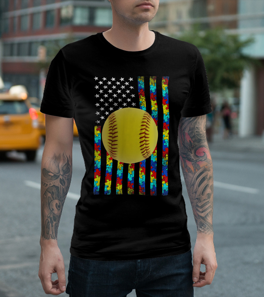 Autism Awareness American Flag Softball Puzzle Piece Stripes T-Shirt