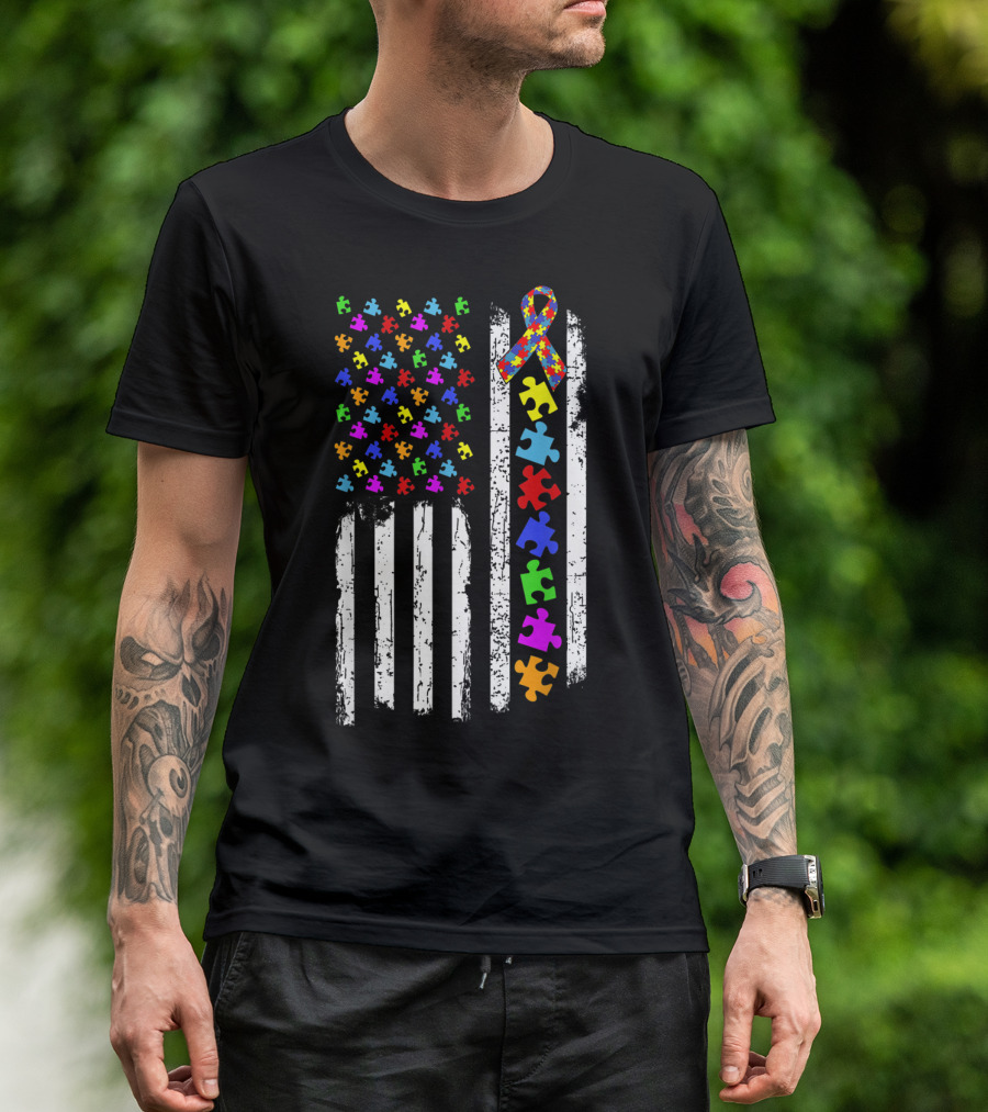 Autism Awareness Puzzle Piece Ribbon American Flag T-Shirt