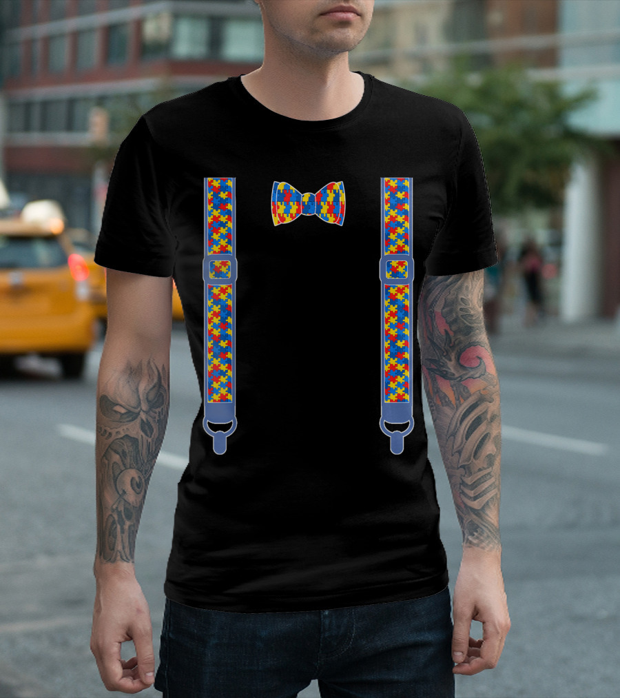 Autism Awareness Puzzle Piece Bow Tie and Suspenders T-Shirt