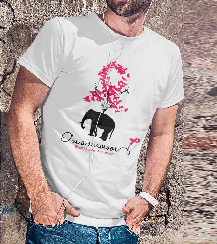 I'm A Survivor Breast Cancer Awareness Pink Ribbon Butterfly Elephant T-Shirt