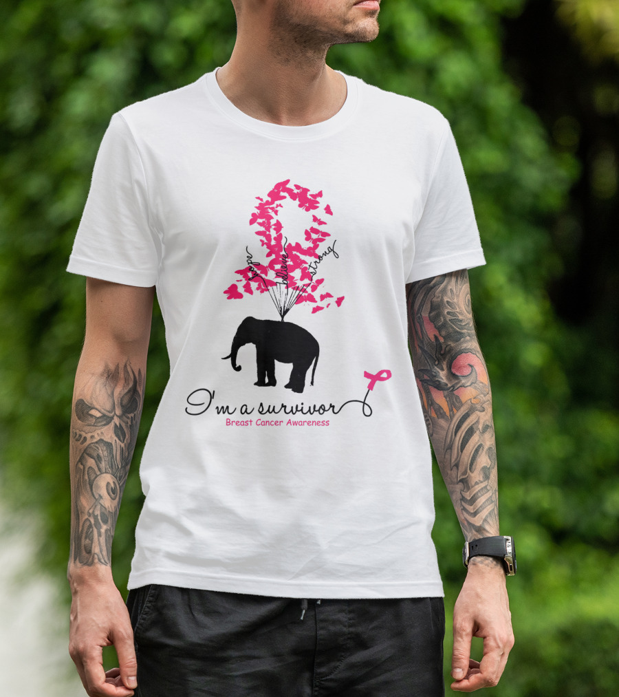 I'm A Survivor Breast Cancer Awareness Pink Ribbon Butterfly Elephant T-Shirt