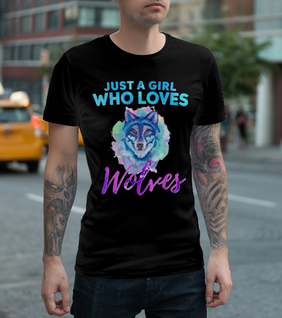 Just A Girl Who Loves Wolves Watercolor Wolf Colorful T-Shirt