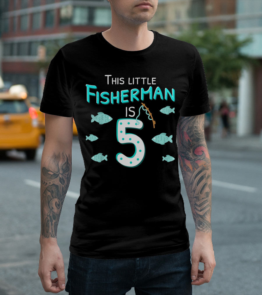 This Little Fisherman Is 5 Fishing Birthday Boys 5th T-Shirt