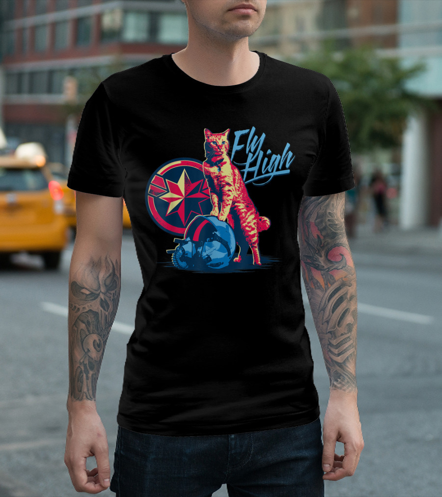 Captain Marvel Fly High Goose Cat Helmet Star T-Shirt