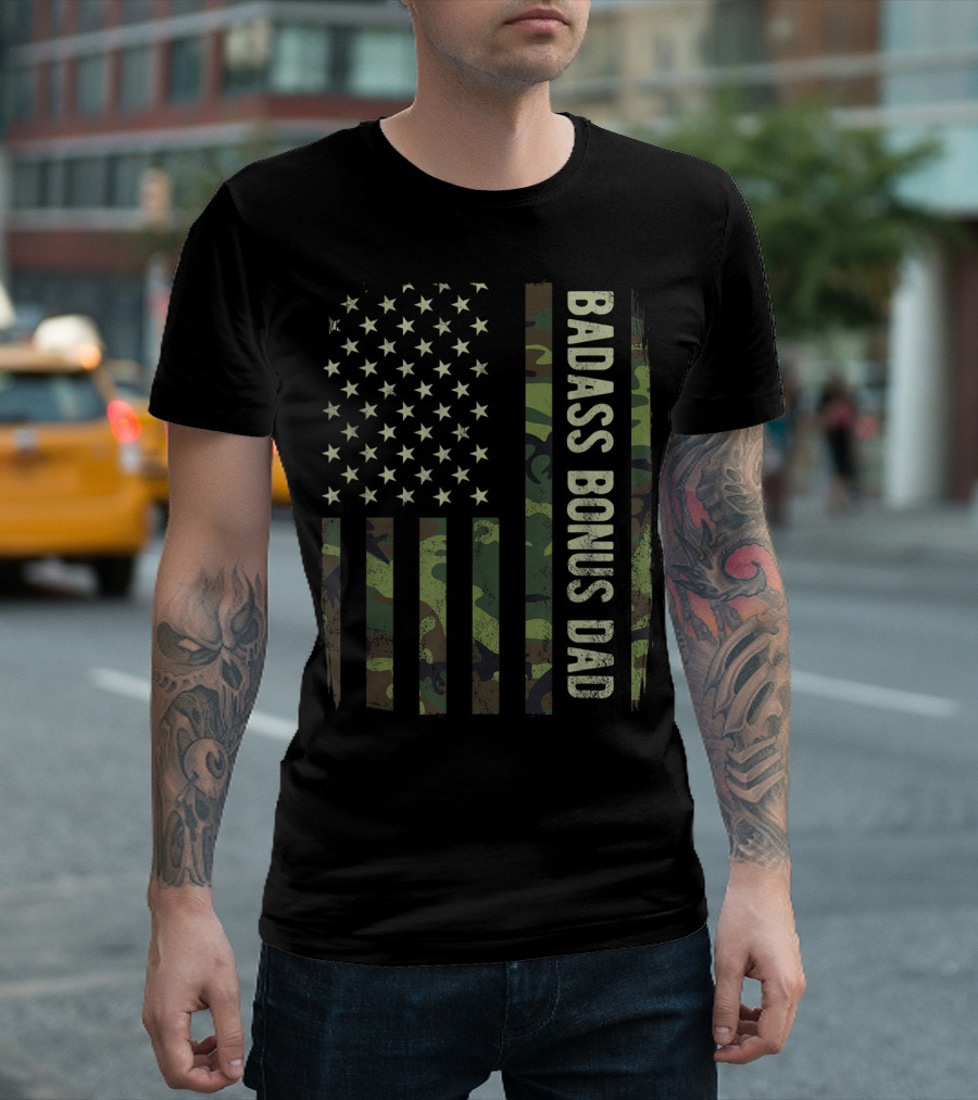 Badass Bonus Dad Camouflage American Flag T-Shirt