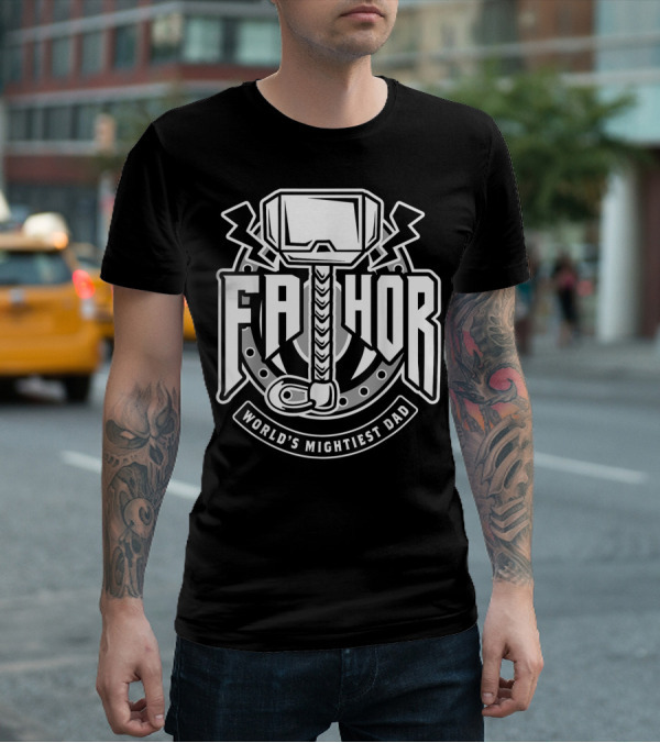 Mens Fathor World's Mightiest Dad Funny Cool Vik Hammer And Lightning T-Shirt