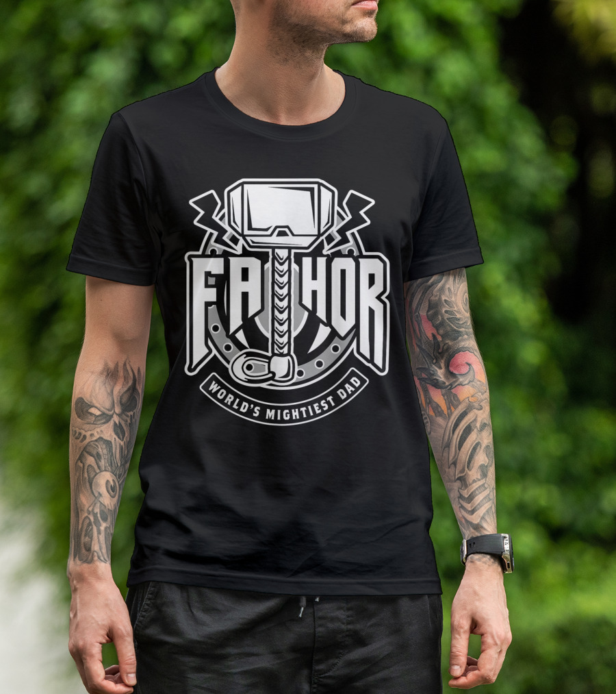 Mens Fathor World's Mightiest Dad Funny Cool Vik Hammer And Lightning T-Shirt