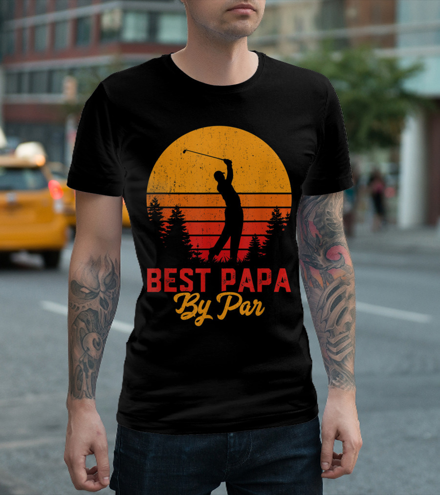 Mens Funny Father's Day Best Papa By Par Golf Silhouette Sunset T-Shirt