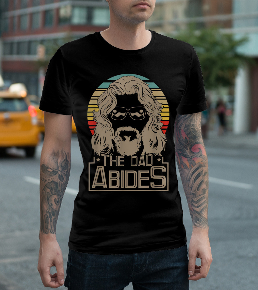 Mens The Dad Abides Retro Style Rainbow Circle Sunglasses And Long Hair T-Shirt