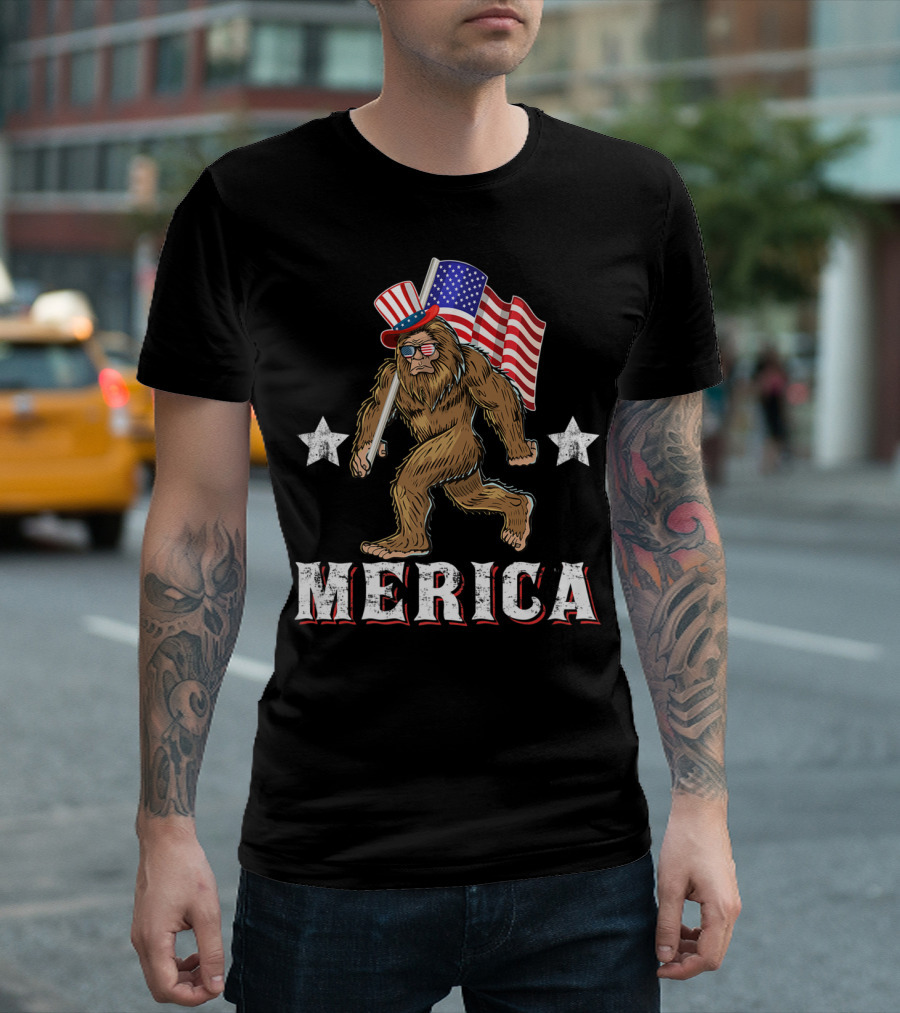 Merica Bigfoot American Flag 4th Of July Sasquatch T-Shirt