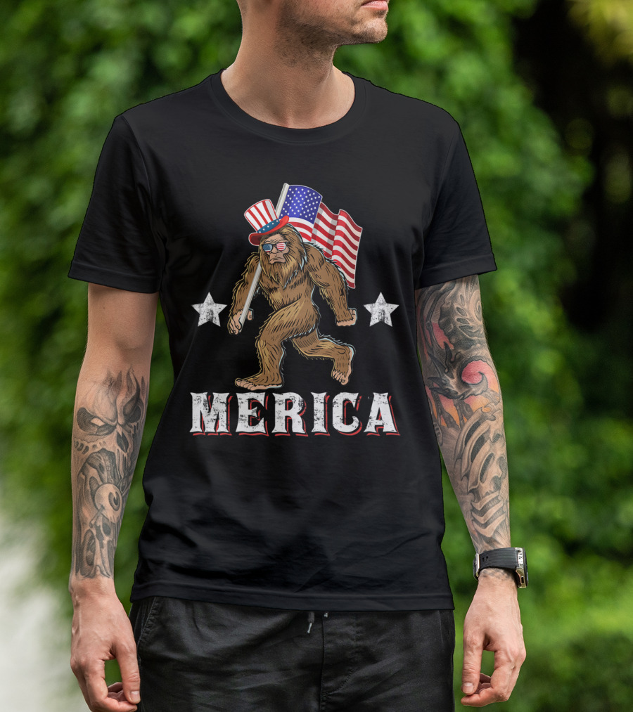 Merica Bigfoot American Flag 4th Of July Sasquatch T-Shirt