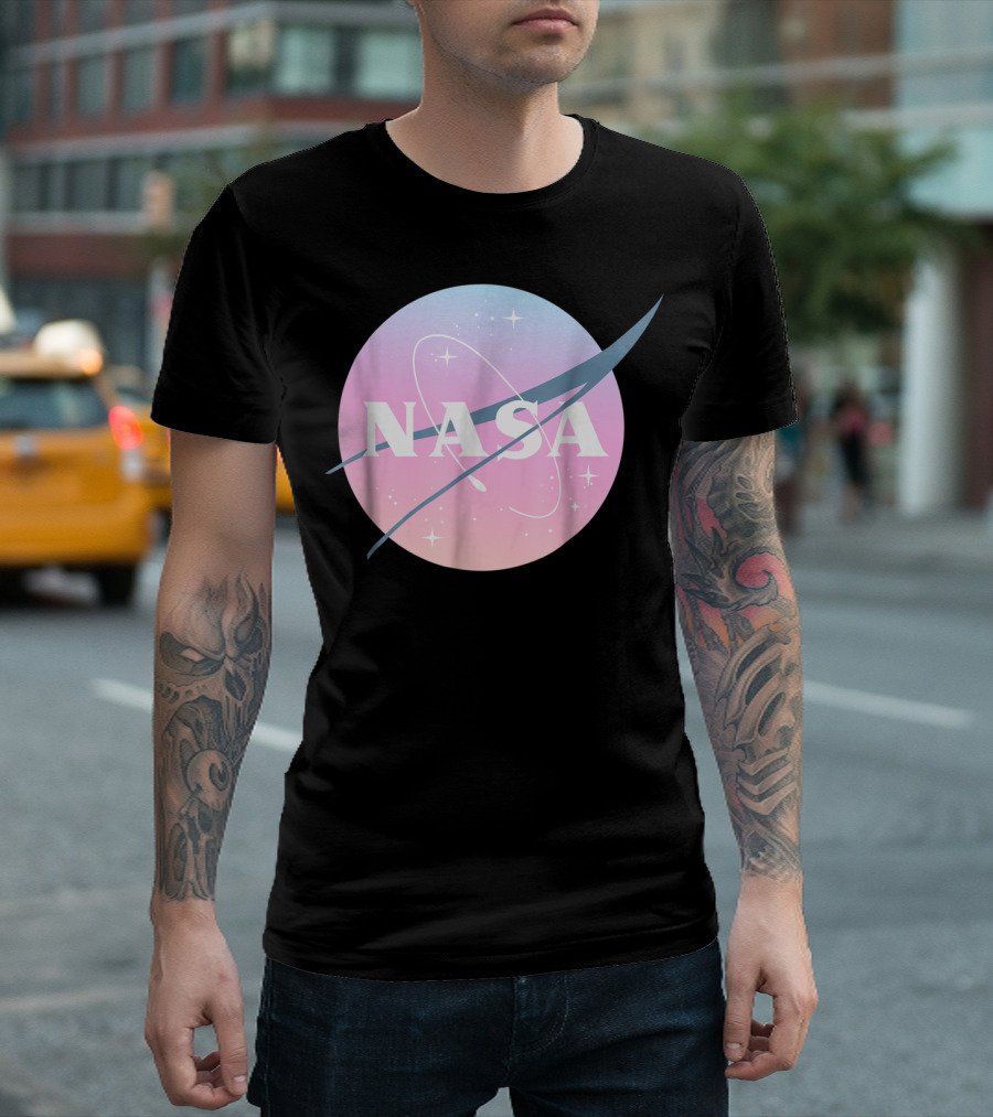 NASA Pastel Rainbow Classic Logo Pink and Blue Ombre Circle with Stars T-Shirt