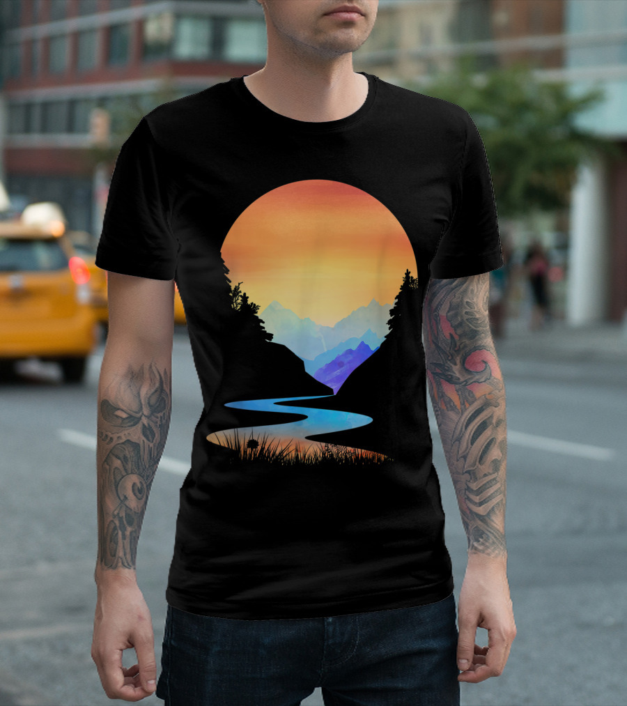 Outdoor Sunset Vintage Style Mountains Sun Nature River Landscape T-Shirt