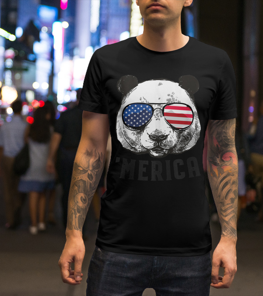 Panda Bear American Flag Sunglasses 4th Of July Merica T-Shirt