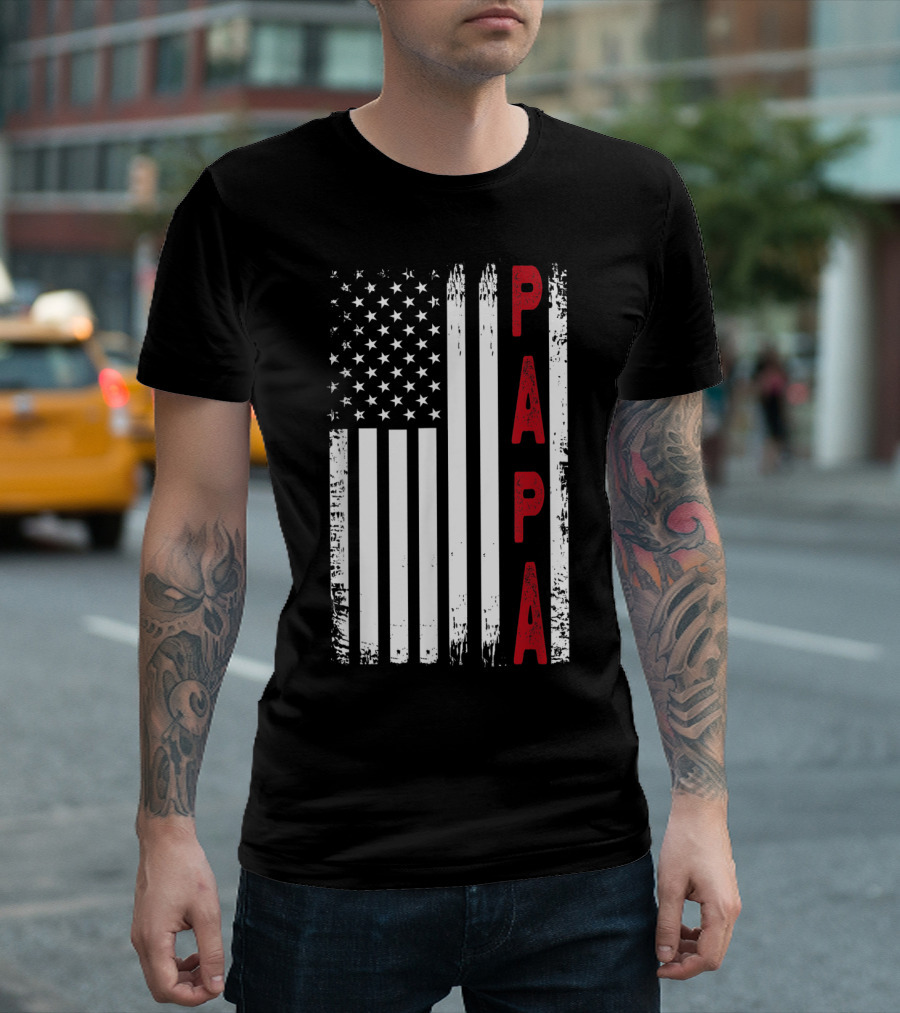 Papa Vertical Red Letters American Flag T-Shirt