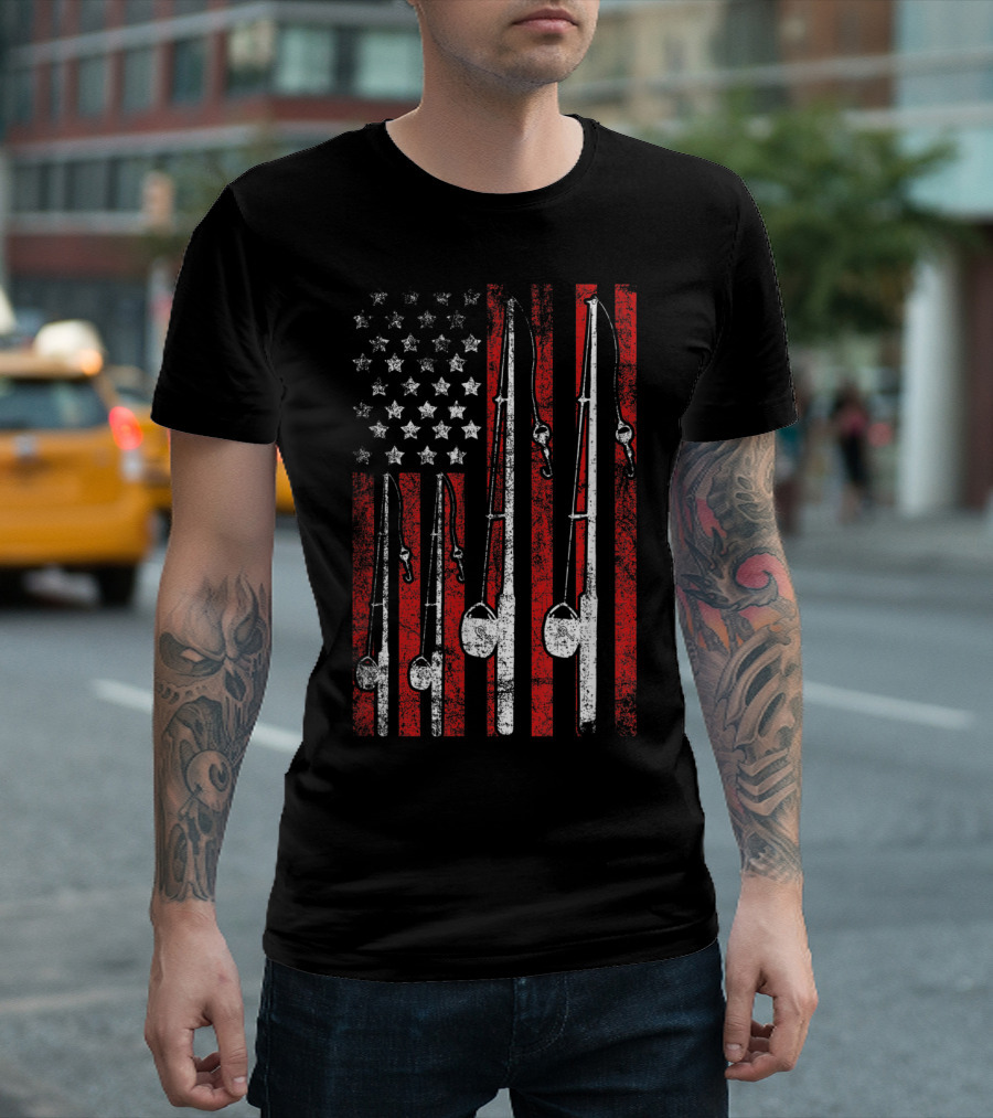 Vintage American Flag Fishing Poles T-Shirt