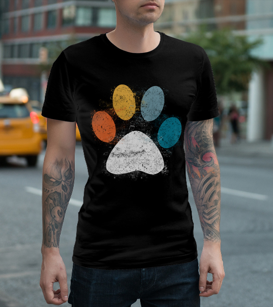 Vintage Distressed Multi-Color Dog Paw Print Love T-Shirt