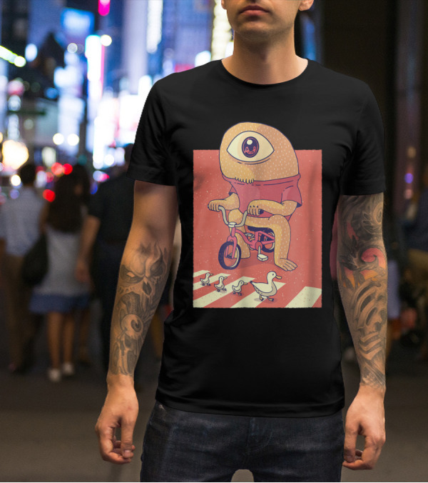 Vintage Japanese Cyclops Riding Bicycle With Ducklings Crossing T-Shirt
