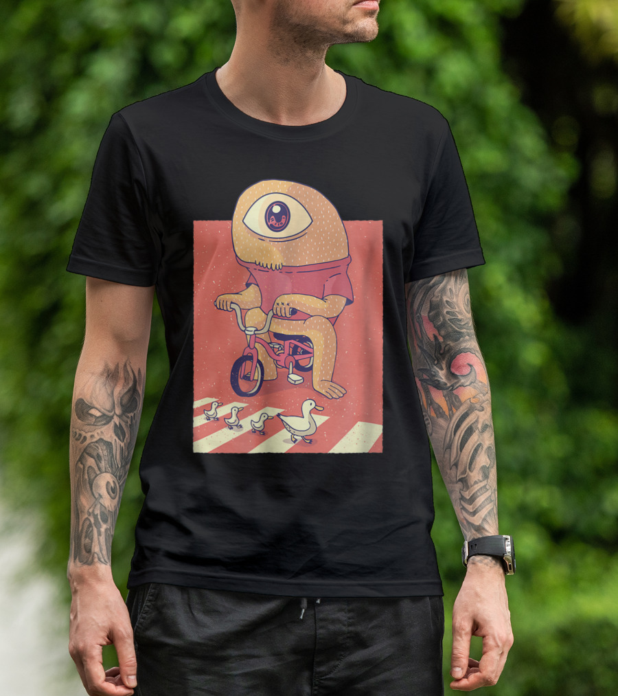 Vintage Japanese Cyclops Riding Bicycle With Ducklings Crossing T-Shirt