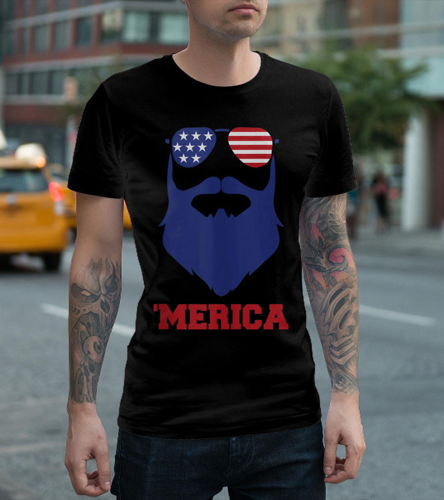 'Merica Beard USA Flag Glasses 4th Of July T-Shirt