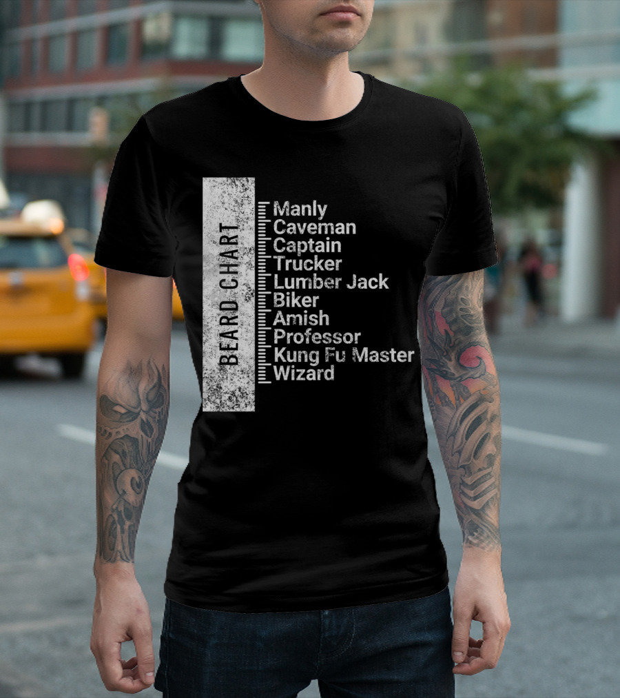 Beard Chart Manly Caveman Captain Trucker Lumberjack Biker Amish Professor Kung Fu Master Wizard T-Shirt