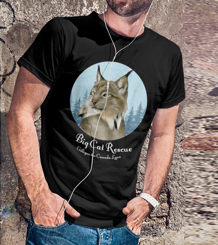 Big Cat Rescue Gilligan The Canada Lynx Snowy Forest Background T-Shirt