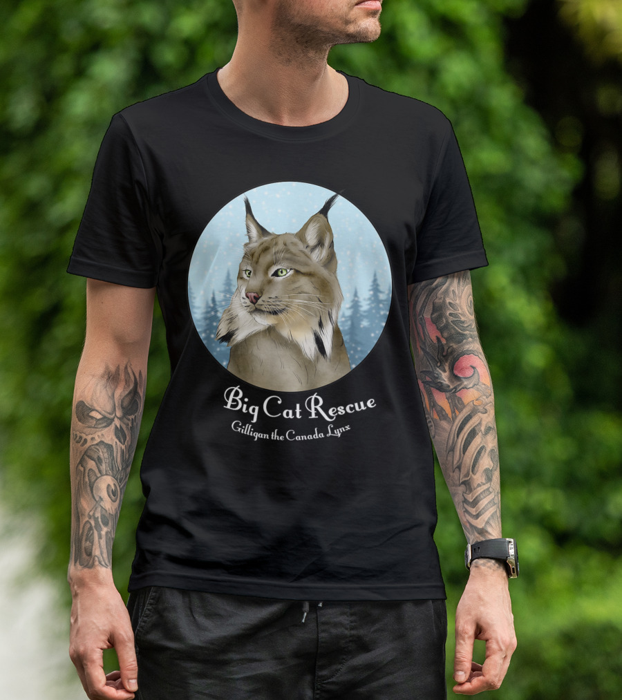 Big Cat Rescue Gilligan The Canada Lynx Snowy Forest Background T-Shirt