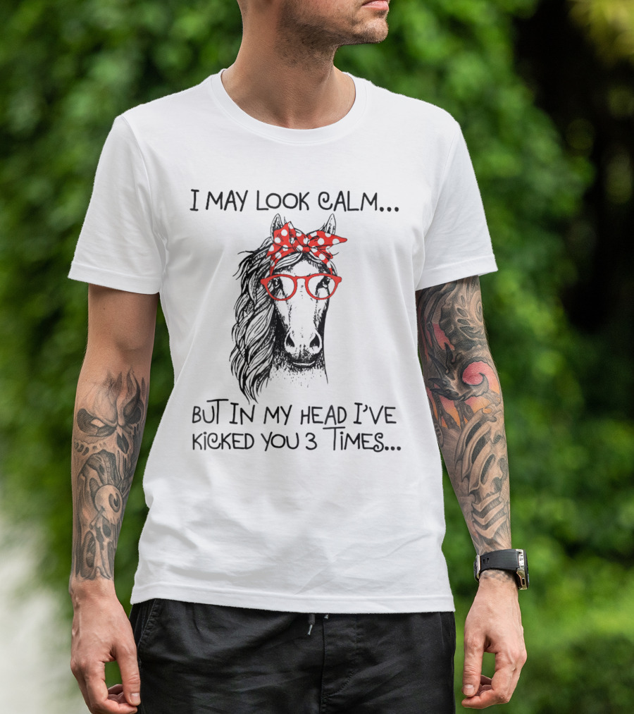 I May Look Calm But In My Head I've Kicked You 3 Times Horse With Red Glasses And Bandana T-Shirt