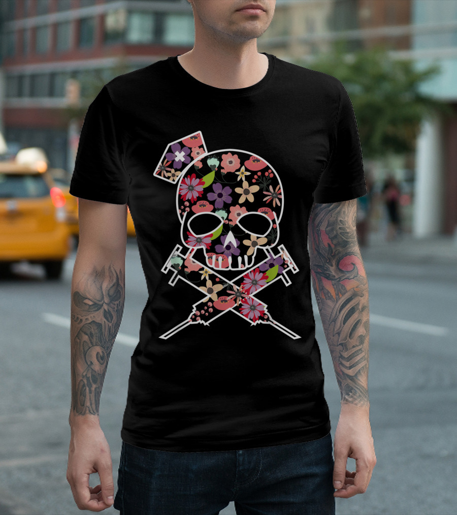 I'll Stab You Nurse Skull Medical Flowers T-Shirt