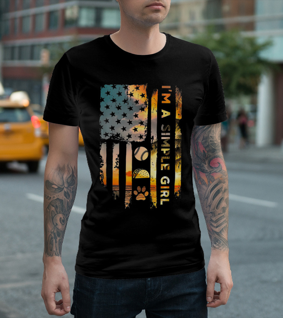 I'm A Simple Girl American Flag Softball Tacos Dogs Sunset T-Shirt