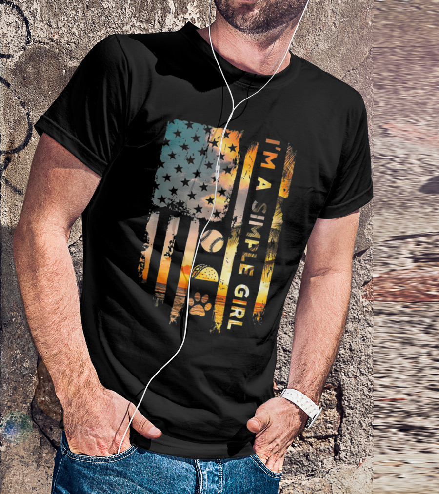 I'm A Simple Girl American Flag Softball Tacos Dogs Sunset T-Shirt