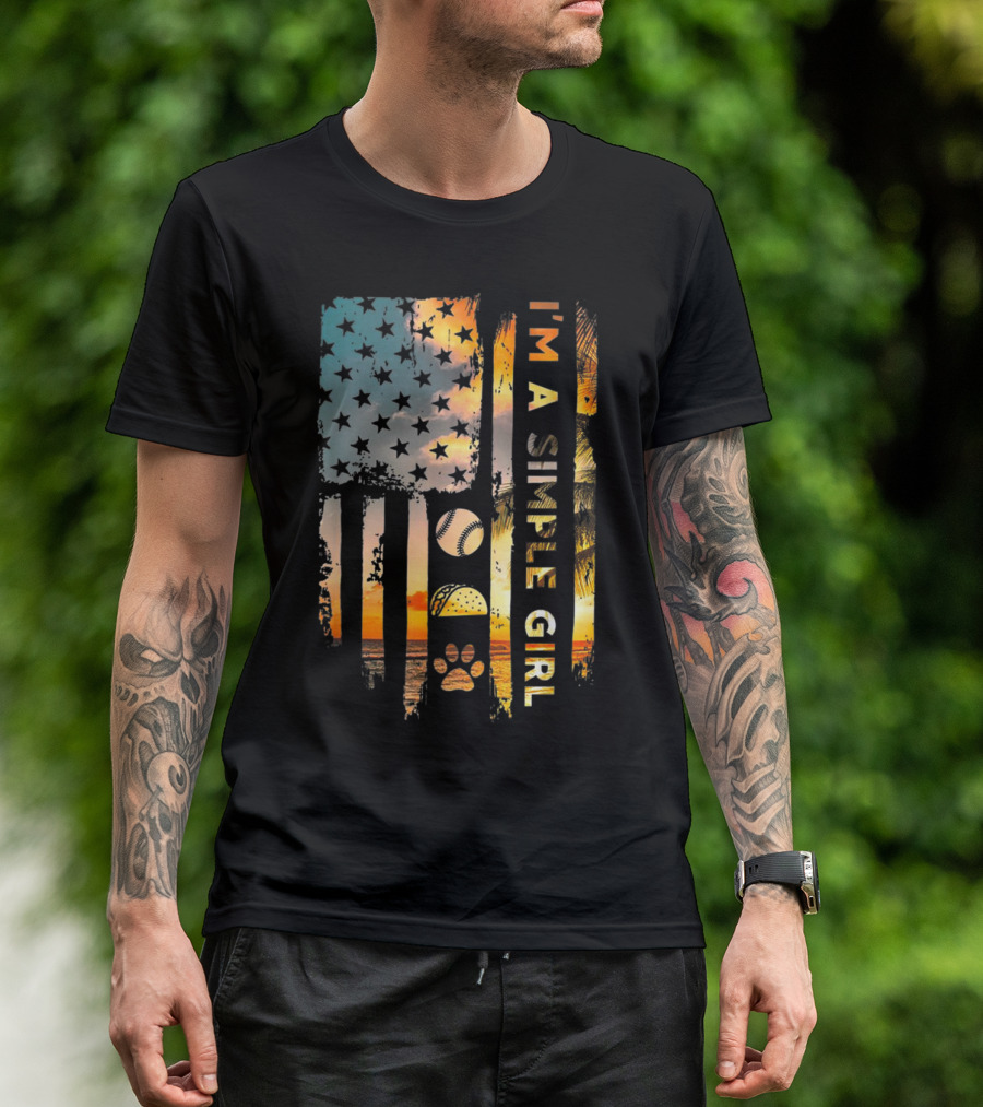 I'm A Simple Girl American Flag Softball Tacos Dogs Sunset T-Shirt