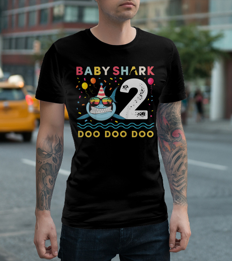 Baby Shark 2nd Birthday Doo Doo Doo Toddler Kids Party Hat Balloons T-Shirt