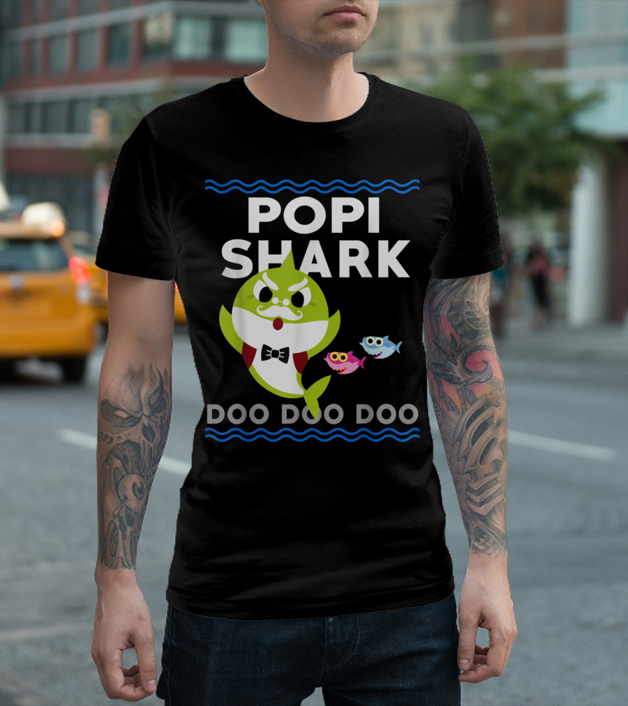 Popi Shark Doo Doo Doo Mustached Bowtie Shark With Cute Colorful Fish T-Shirt