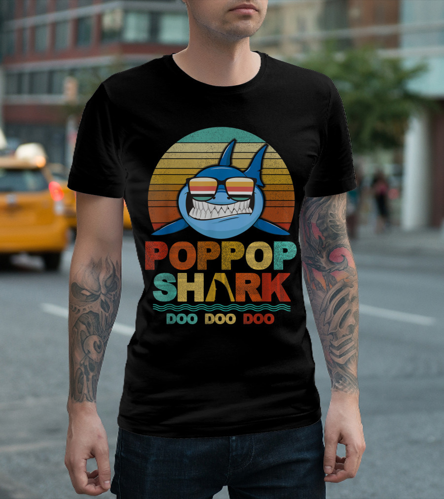 Poppop Shark Doo Doo Doo Retro Sunglasses Vintage Stripes T-Shirt
