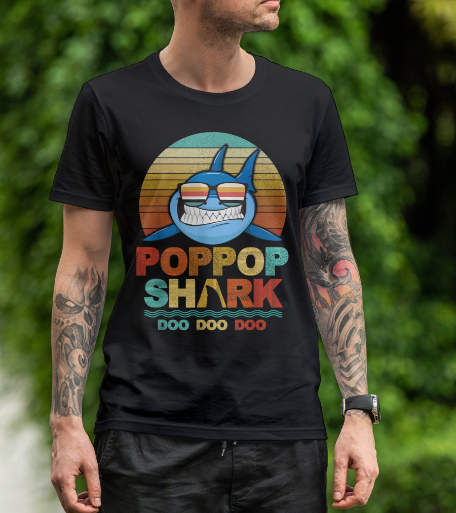 Poppop Shark Doo Doo Doo Retro Sunglasses Vintage Stripes T-Shirt