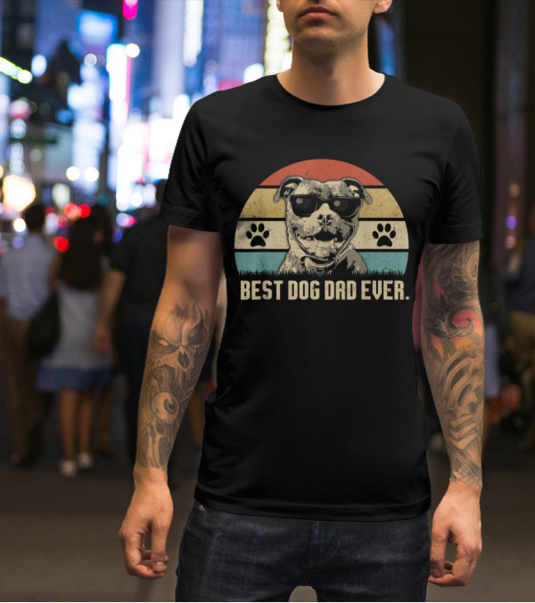 Vintage Best Dog Dad Ever Pitbull With Sunglasses And Paw Prints T-Shirt
