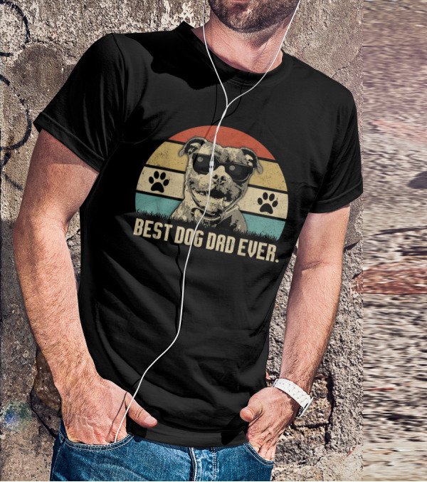 Vintage Best Dog Dad Ever Pitbull With Sunglasses And Paw Prints T-Shirt