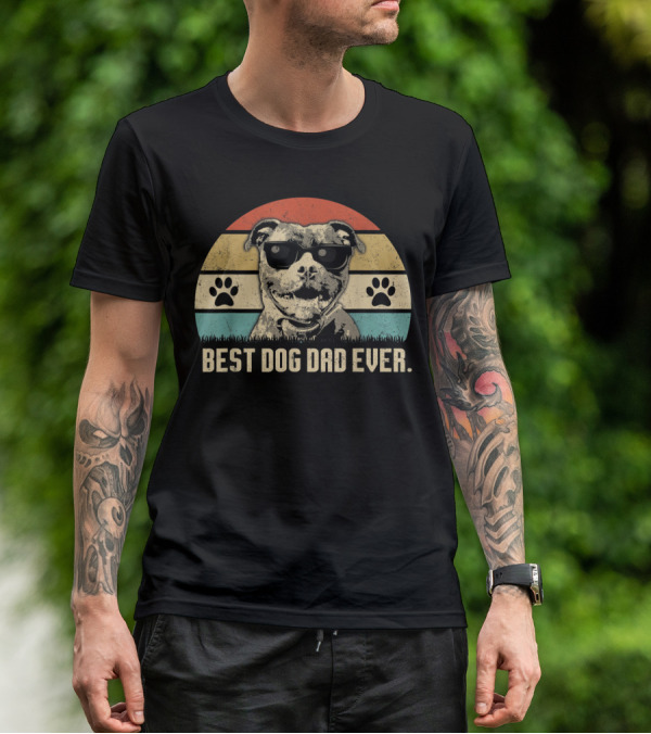 Vintage Best Dog Dad Ever Pitbull With Sunglasses And Paw Prints T-Shirt