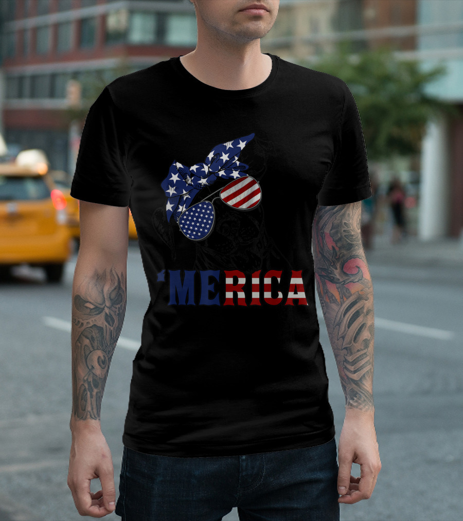 'Merica Patriotic Stars And Stripes Pitbull With USA Flag Glasses T-Shirt