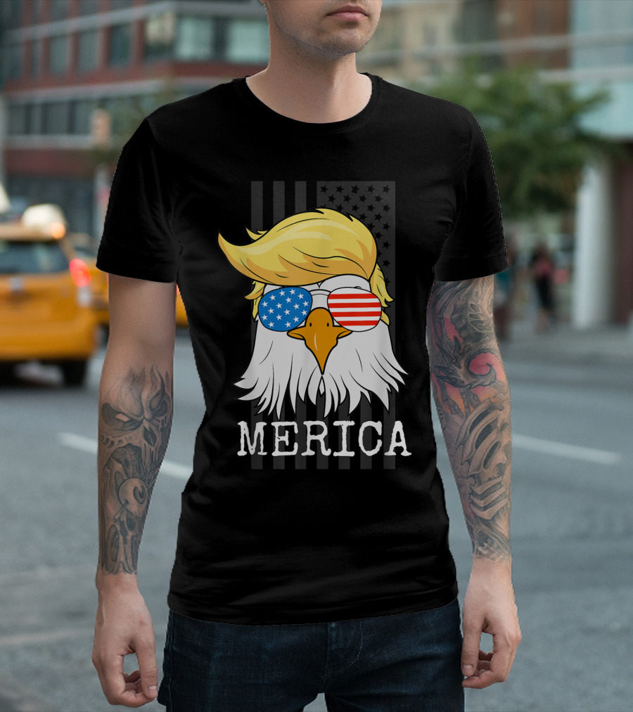 Merica Bald Eagle Trump Hair American Flag Glasses T-Shirt