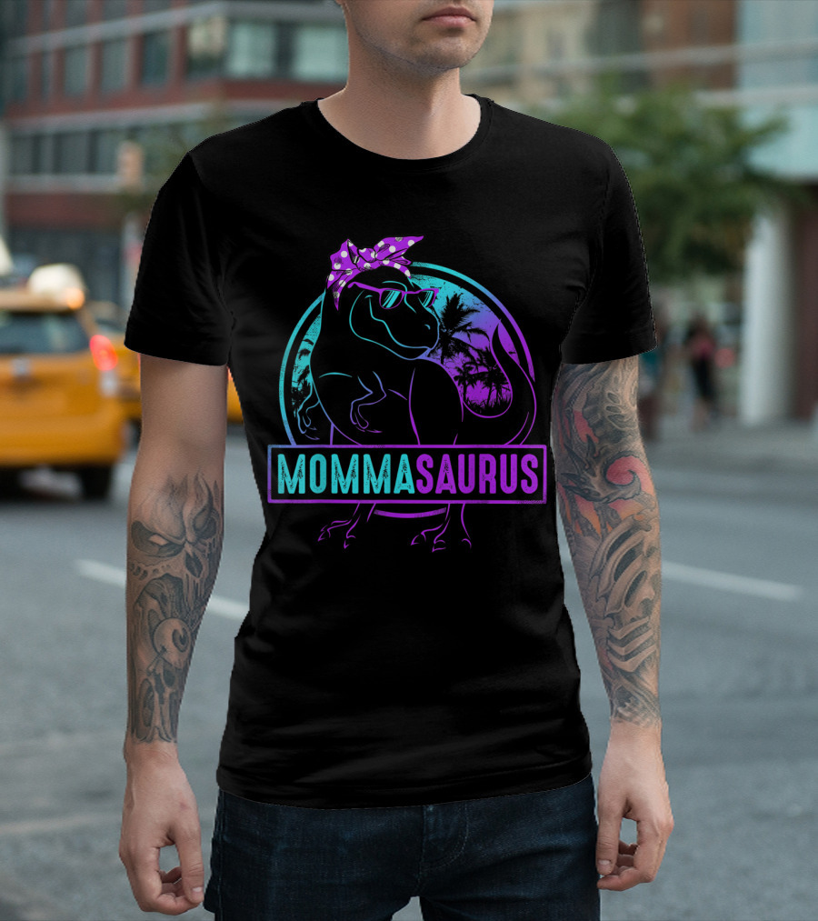 Mommasaurus Dinosaur with Bandana Sunglasses and Tropical Background T-Shirt