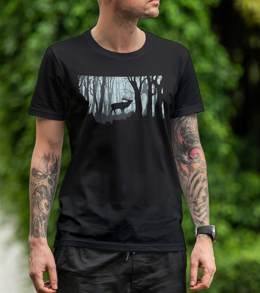 Montana Elk Hunting Silhouette In Forest T-Shirt