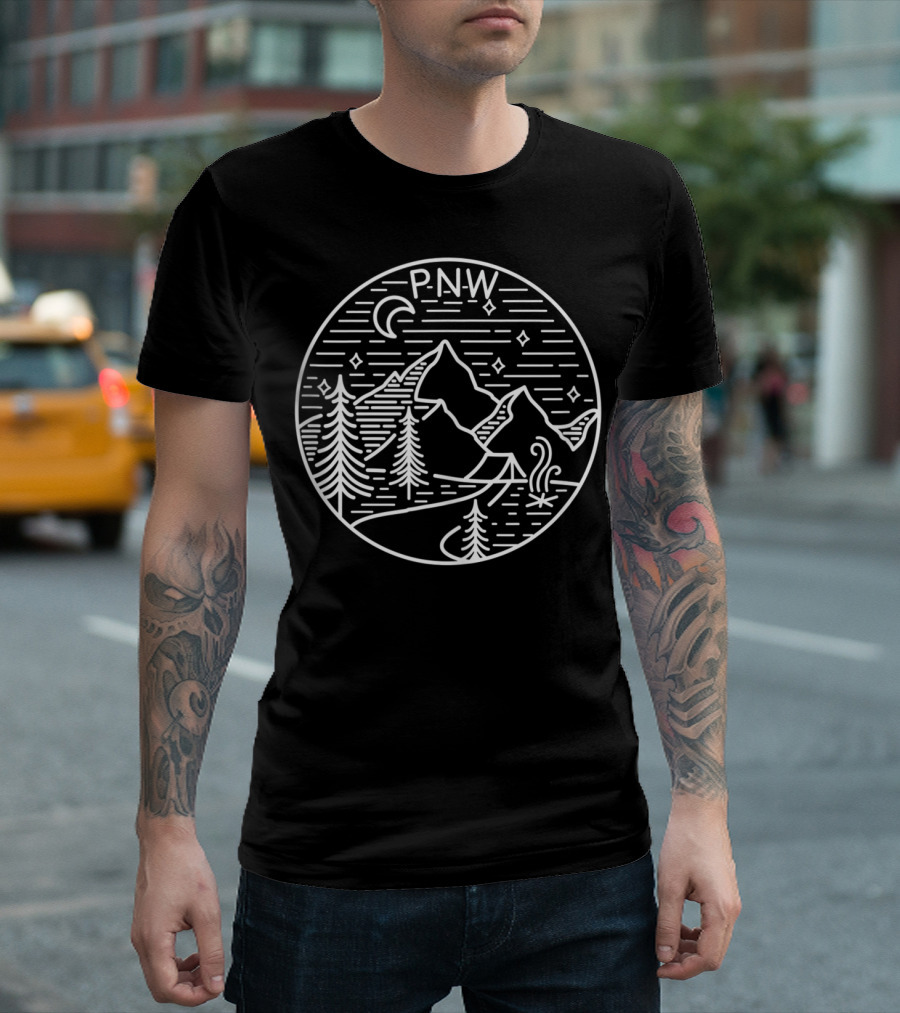 P.N.W. Pacific Northwest Outdoors Trees Mountains Night Sky T-Shirt