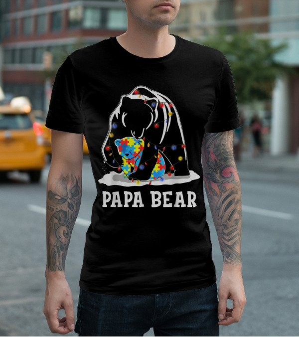 Papa Bear Autism Awareness Puzzle Piece Lights T-Shirt