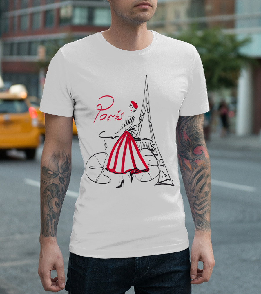 Paris Bicycle Woman with Eiffel Tower in Red Dress T-Shirt