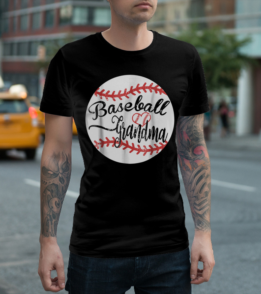 Baseball Grandma With Heart Stitching Baseball T-Shirt