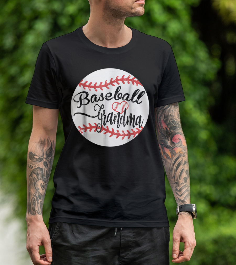 Baseball Grandma With Heart Stitching Baseball T-Shirt