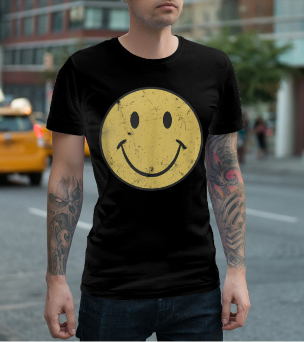 Retro 70s Smiley Face Distressed Yellow T-Shirt