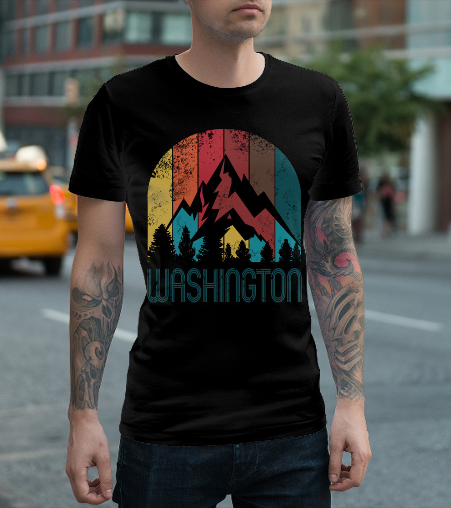 Washington Retro Mountain Landscape Forest Silhouette Vintage Multicolor Stripes T-Shirt